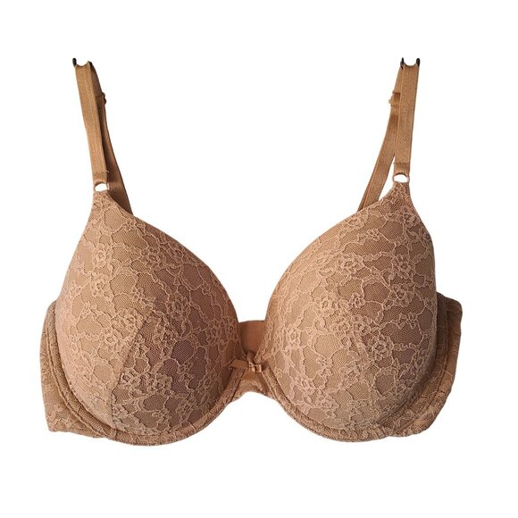 Victorias Secret US Size 36D Lined Perfect Coverage Lace Bra Beige Nylon Blend - Picture 1 of 10